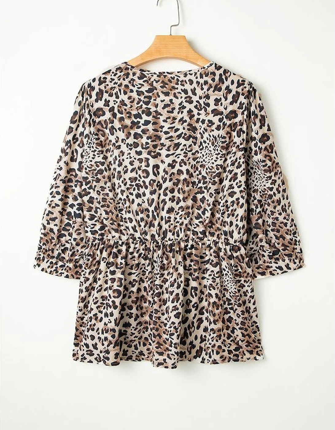 Khaki Leopard Print Lace-up Ruffled 3/4 Sleeve Plus Size Blouse