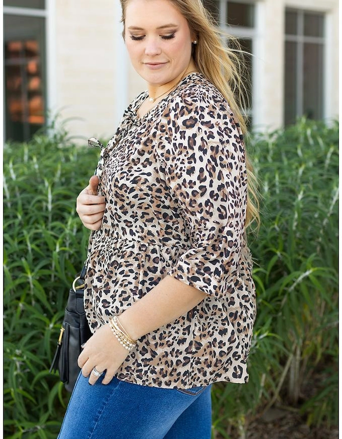 Khaki Leopard Print Lace-up Ruffled 3/4 Sleeve Plus Size Blouse