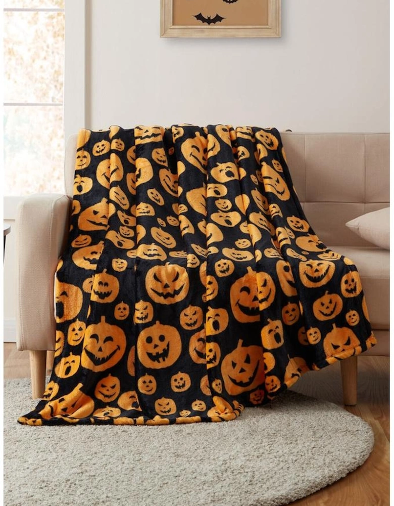 Black Halloween Pumpkin Face Print Fleece Blanket 130*150cm