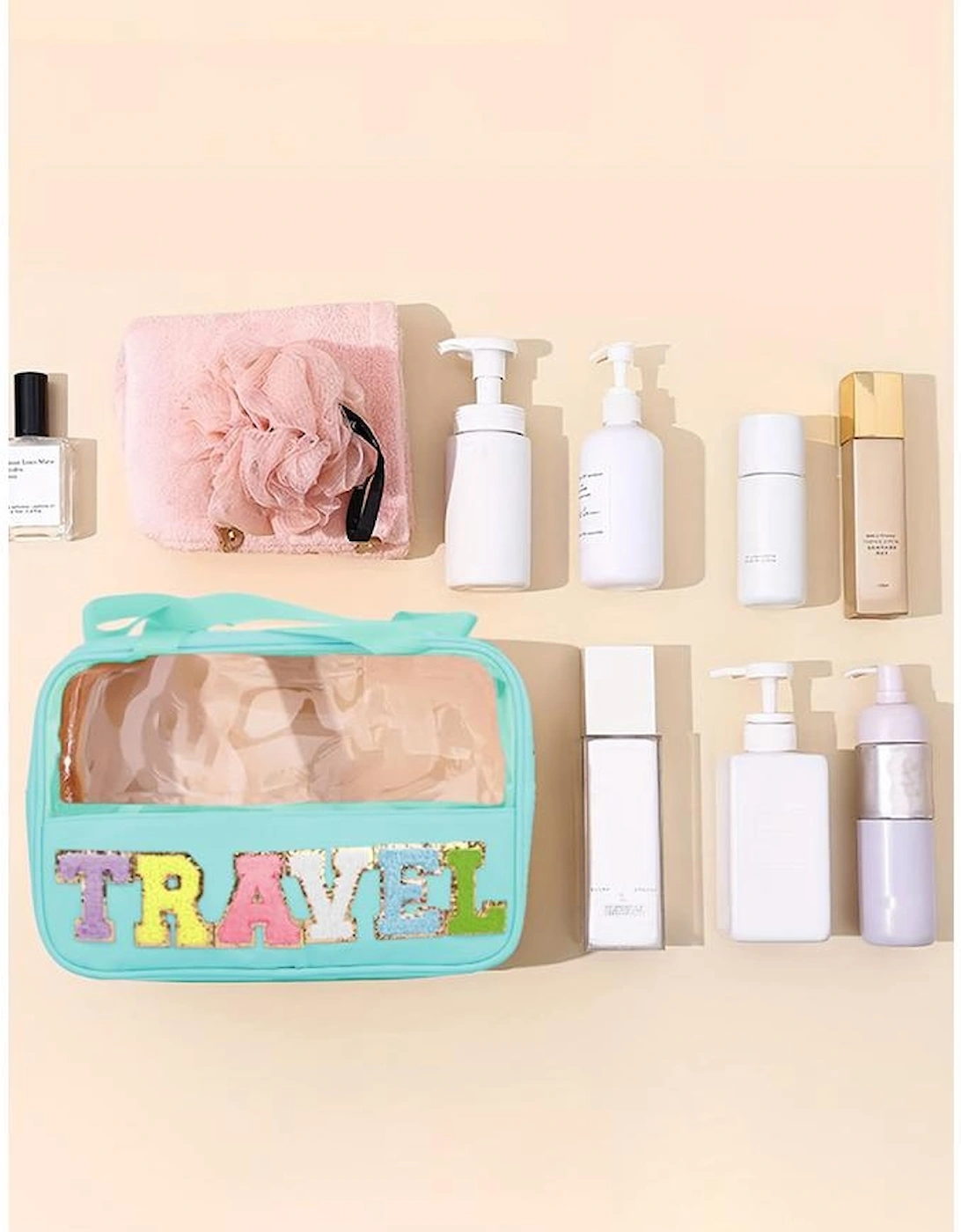 Mint Green TRAVEL Chenille Letter Clear PVC Makeup Bag