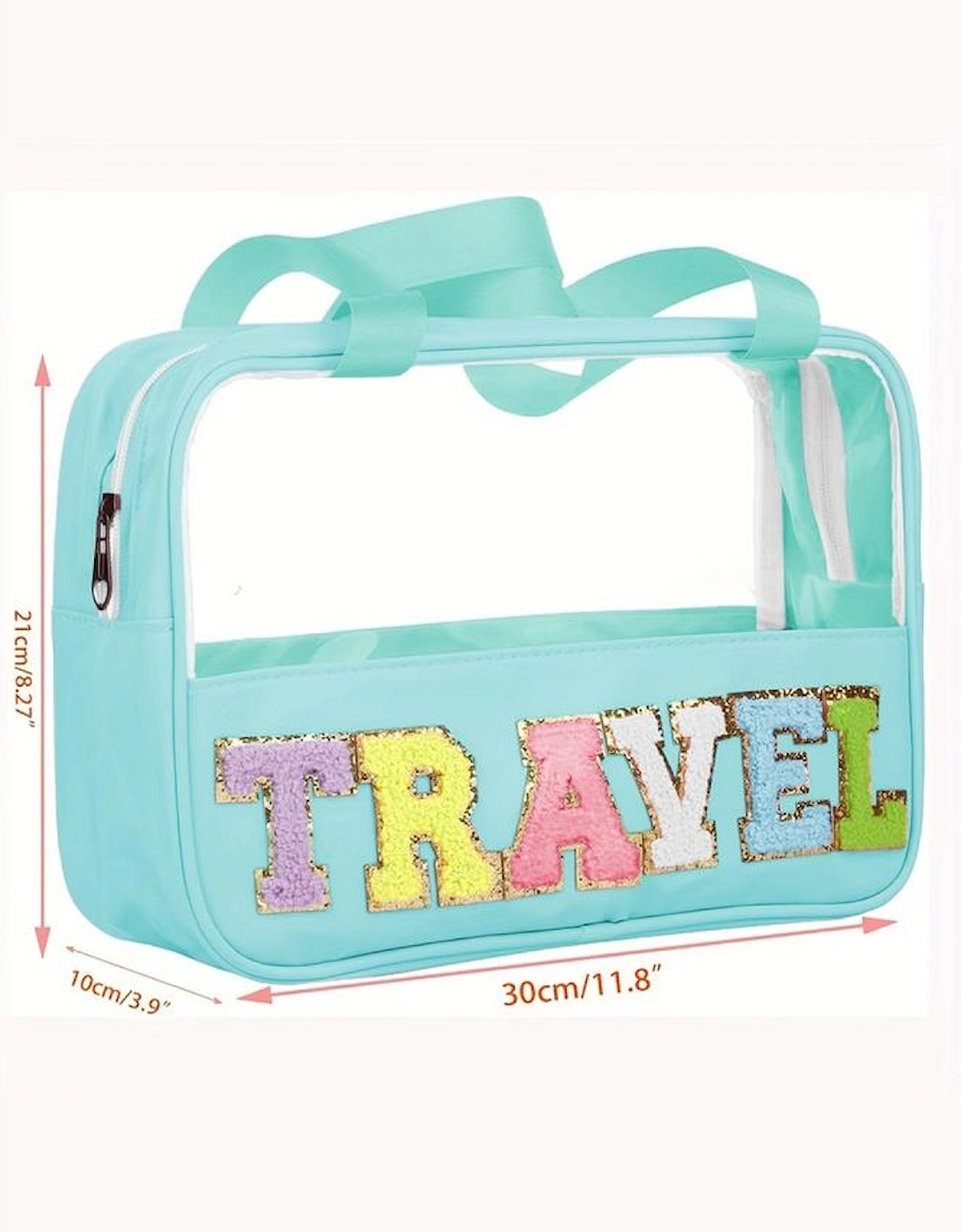 Mint Green TRAVEL Chenille Letter Clear PVC Makeup Bag