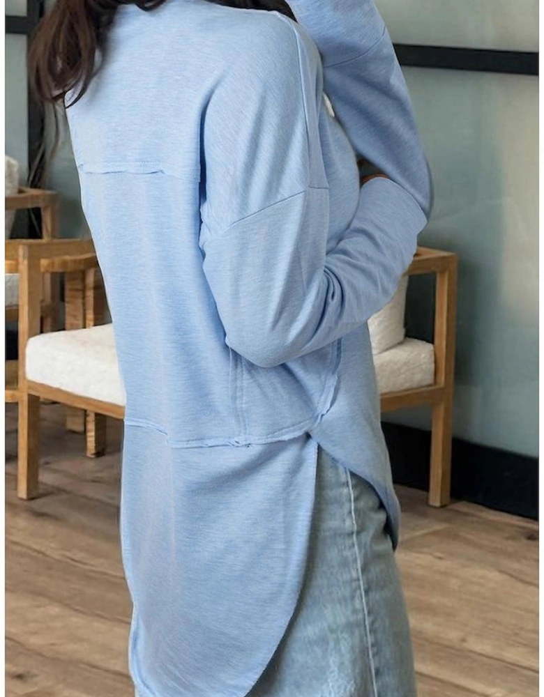 Myosotis Notched Neck Terry Raw Hem Long Sleeve Top