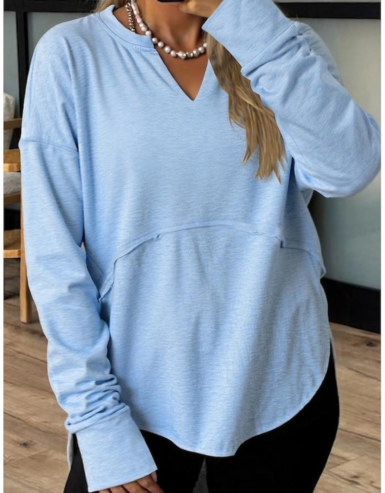 Myosotis Notched Neck Terry Raw Hem Long Sleeve Top