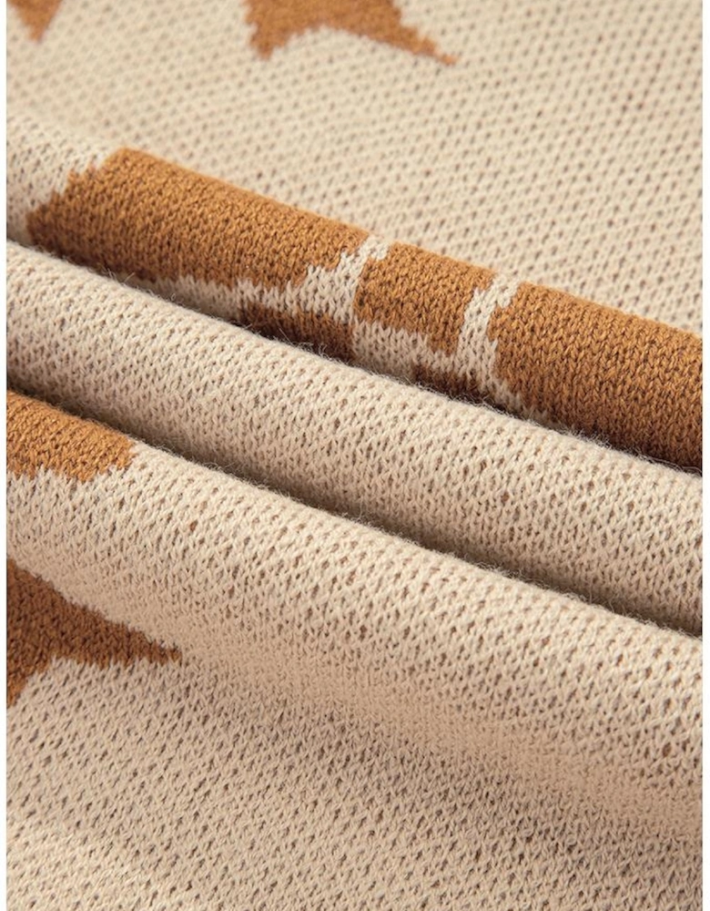 Straw Yellow Ribbon Bow Print Checkered Striped Sleeve Drop Shoulder Sweater