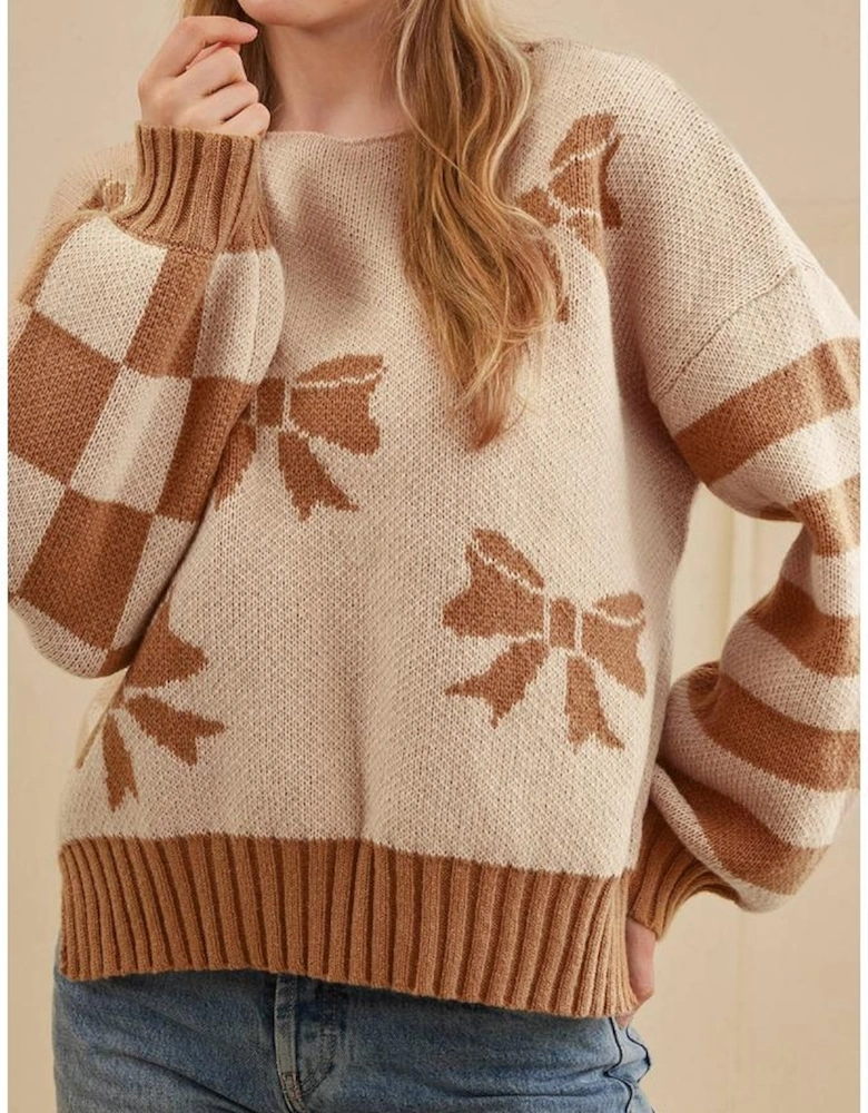 Straw Yellow Ribbon Bow Print Checkered Striped Sleeve Drop Shoulder Sweater