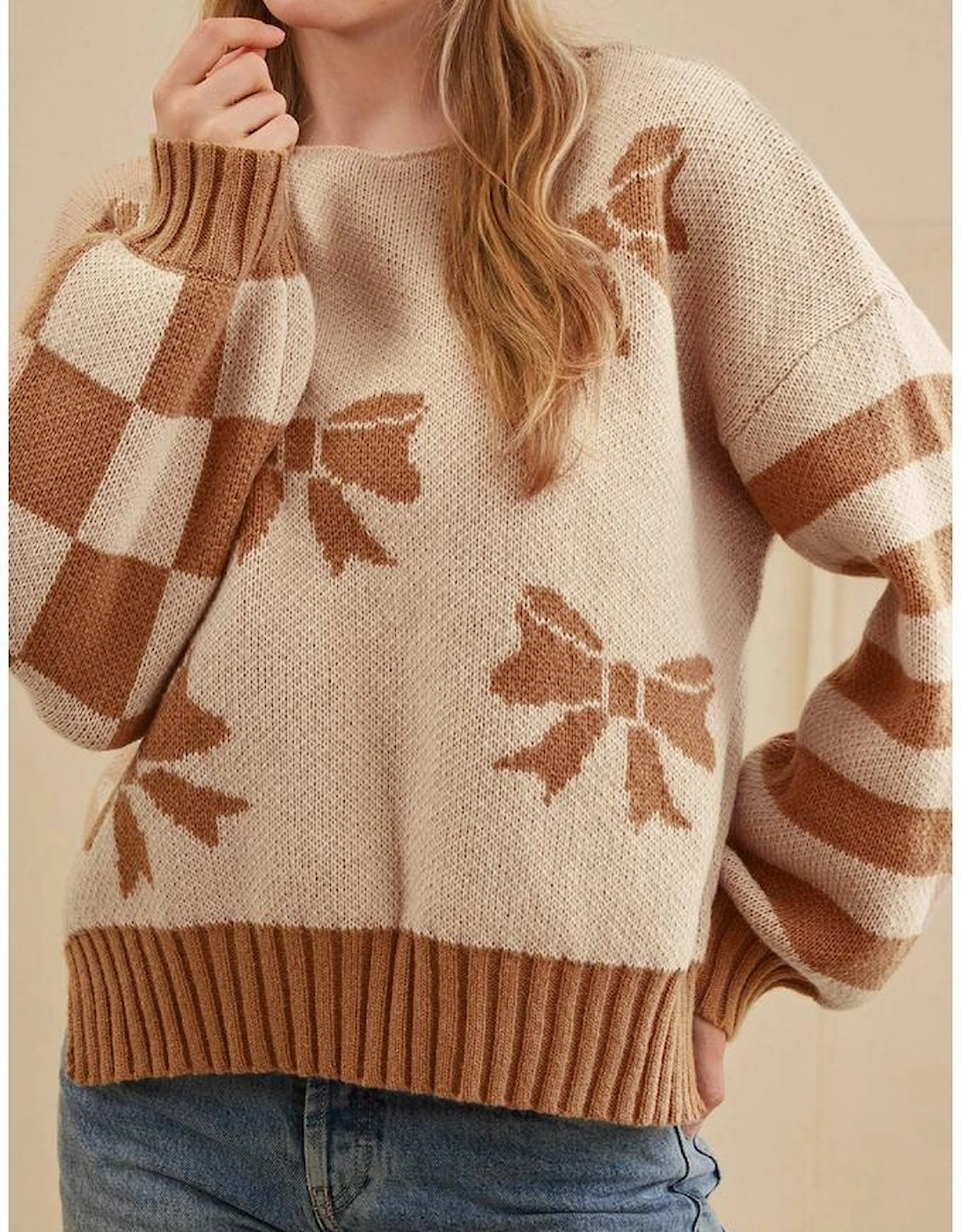 Straw Yellow Ribbon Bow Print Checkered Striped Sleeve Drop Shoulder Sweater