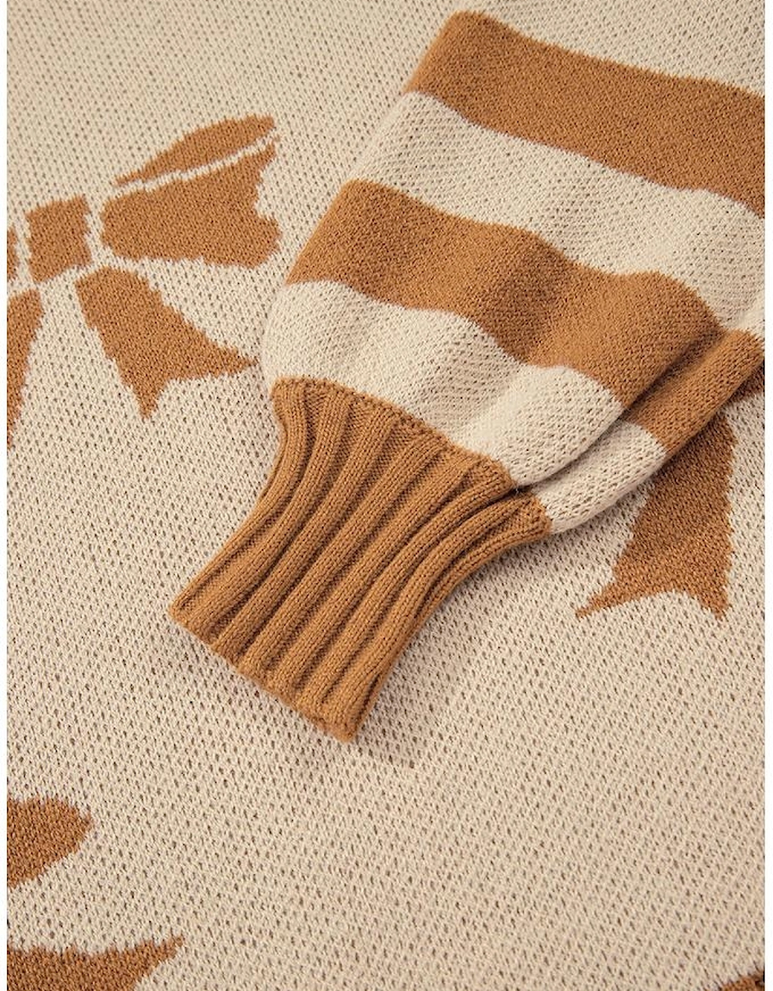 Straw Yellow Ribbon Bow Print Checkered Striped Sleeve Drop Shoulder Sweater