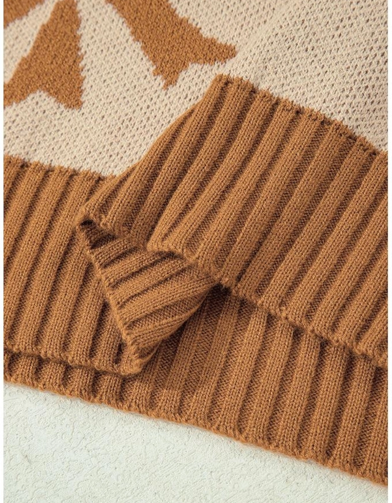 Straw Yellow Ribbon Bow Print Checkered Striped Sleeve Drop Shoulder Sweater