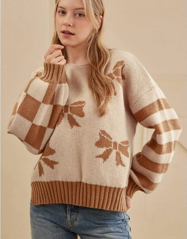 Straw Yellow Ribbon Bow Print Checkered Striped Sleeve Drop Shoulder Sweater
