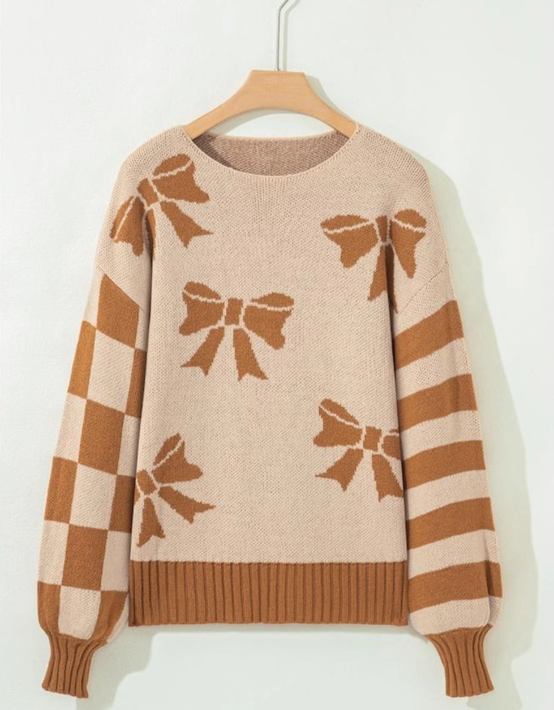 Straw Yellow Ribbon Bow Print Checkered Striped Sleeve Drop Shoulder Sweater