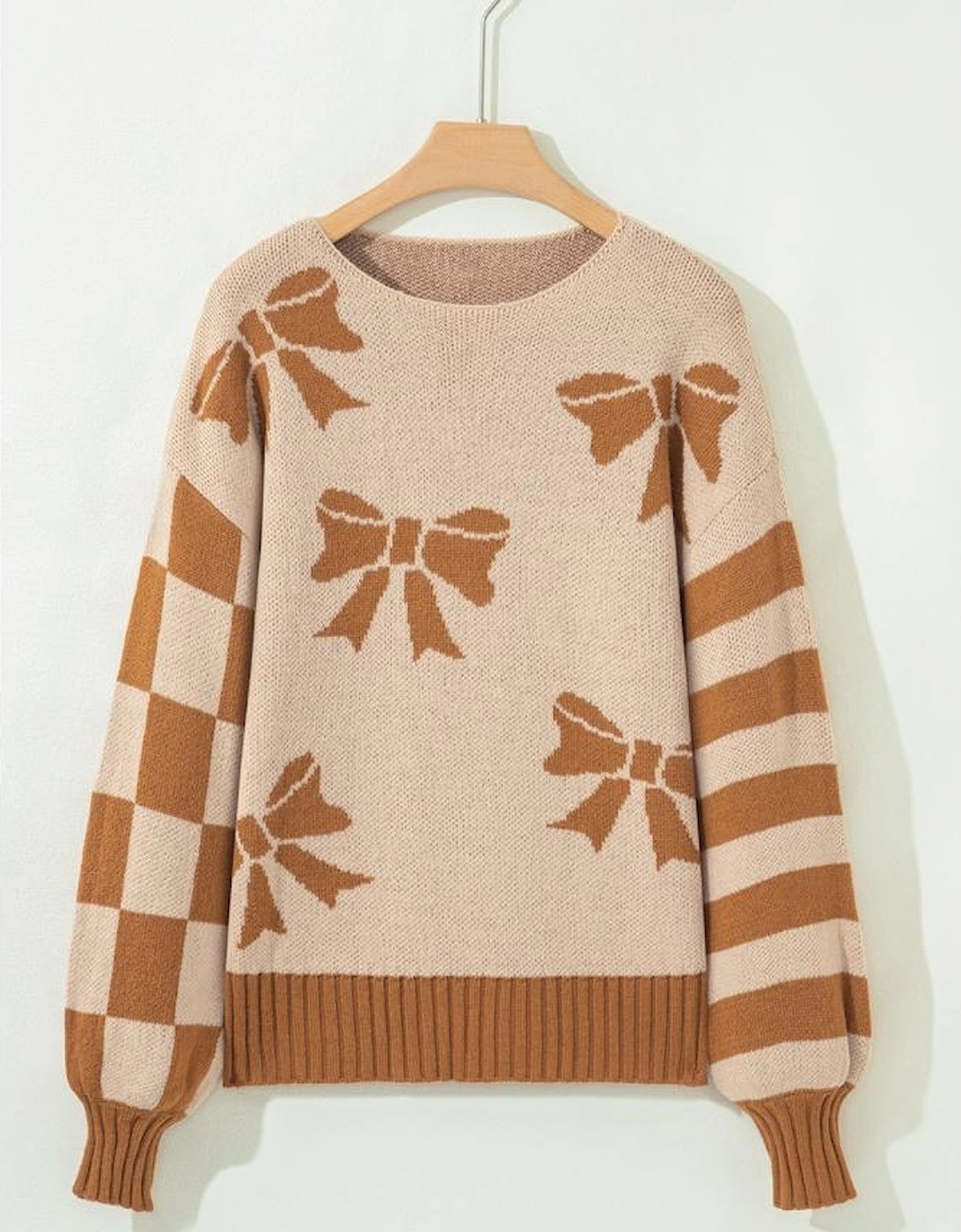 Straw Yellow Ribbon Bow Print Checkered Striped Sleeve Drop Shoulder Sweater