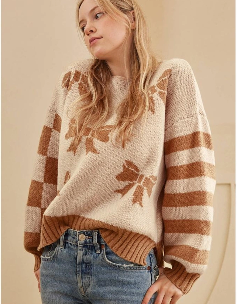 Straw Yellow Ribbon Bow Print Checkered Striped Sleeve Drop Shoulder Sweater