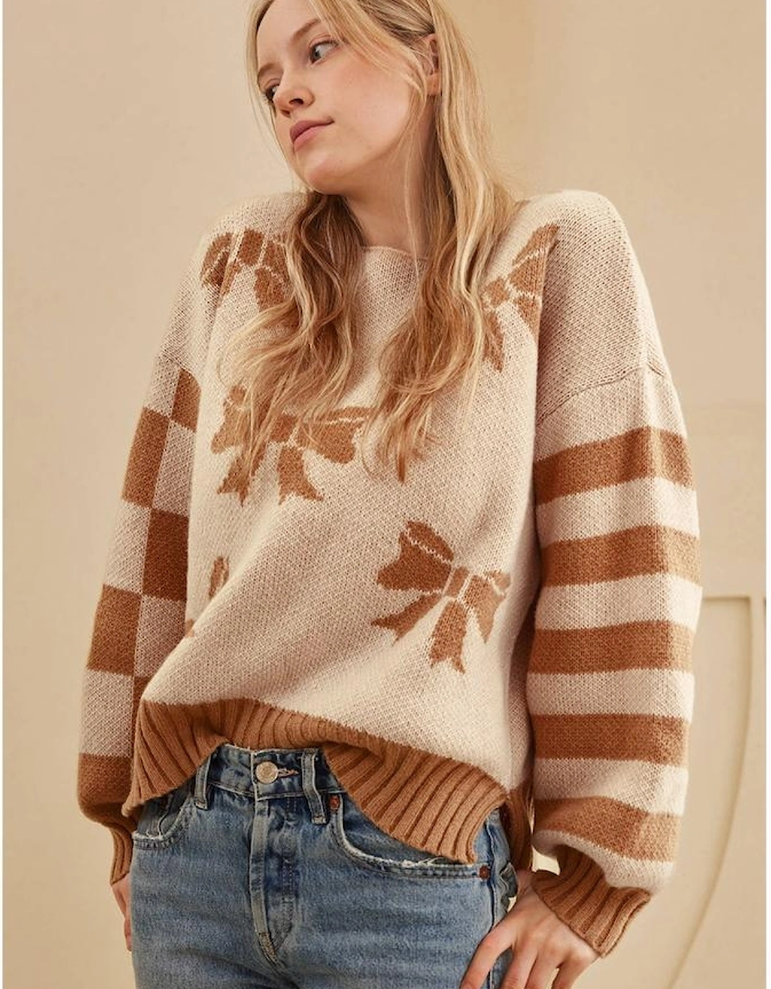 Straw Yellow Ribbon Bow Print Checkered Striped Sleeve Drop Shoulder Sweater