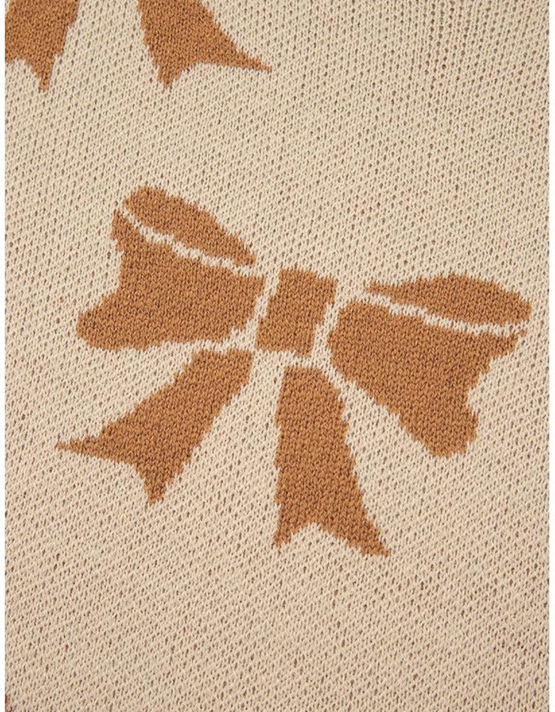 Straw Yellow Ribbon Bow Print Checkered Striped Sleeve Drop Shoulder Sweater