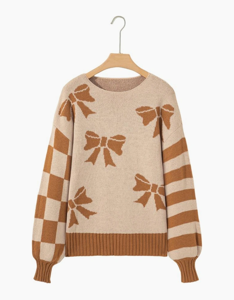 Straw Yellow Ribbon Bow Print Checkered Striped Sleeve Drop Shoulder Sweater