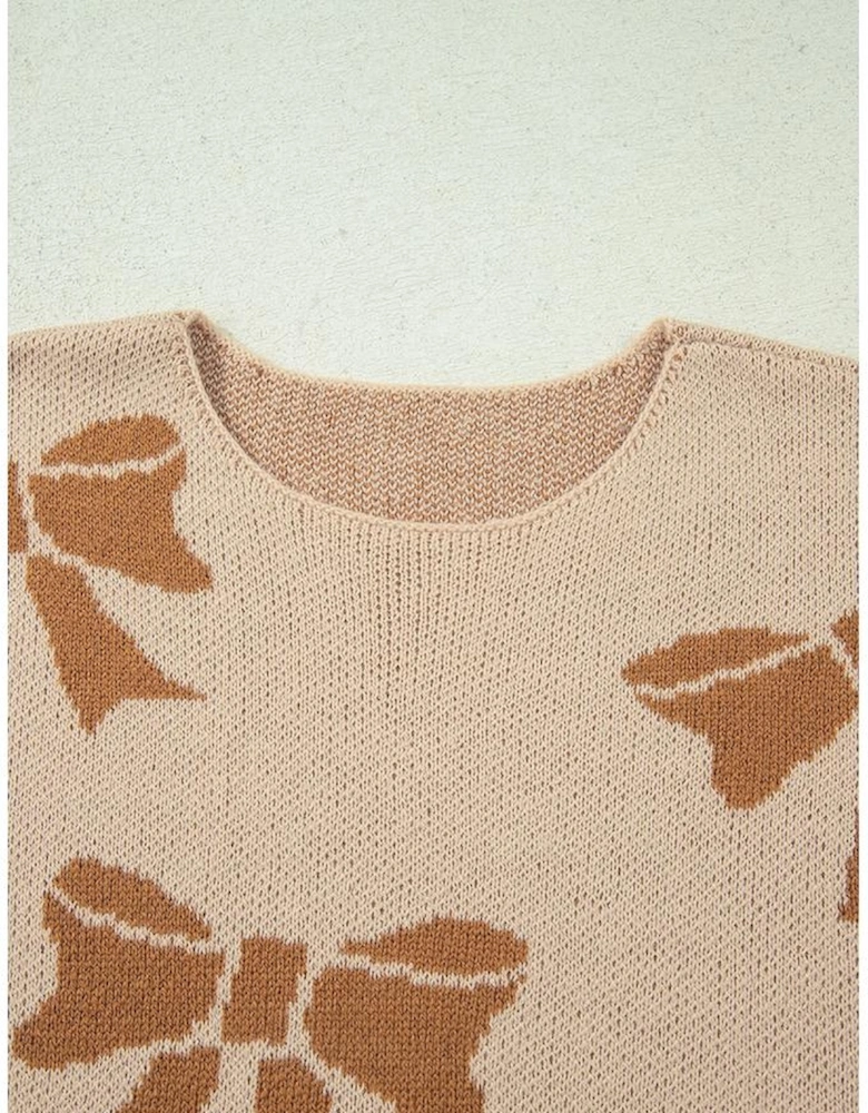 Straw Yellow Ribbon Bow Print Checkered Striped Sleeve Drop Shoulder Sweater