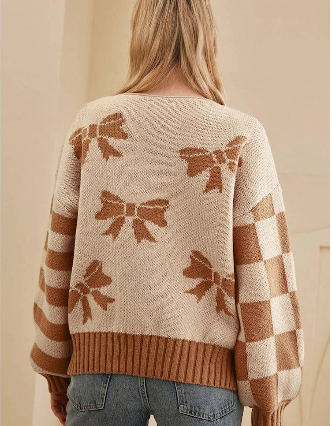 Straw Yellow Ribbon Bow Print Checkered Striped Sleeve Drop Shoulder Sweater, 16 of 15