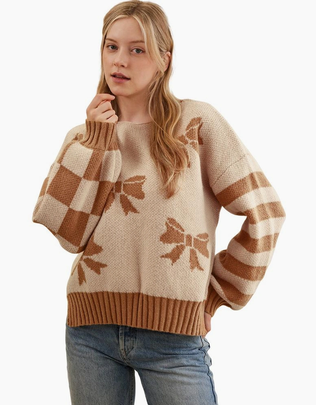 Straw Yellow Ribbon Bow Print Checkered Striped Sleeve Drop Shoulder Sweater