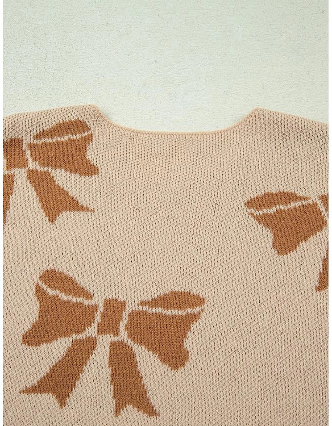 Straw Yellow Ribbon Bow Print Checkered Striped Sleeve Drop Shoulder Sweater