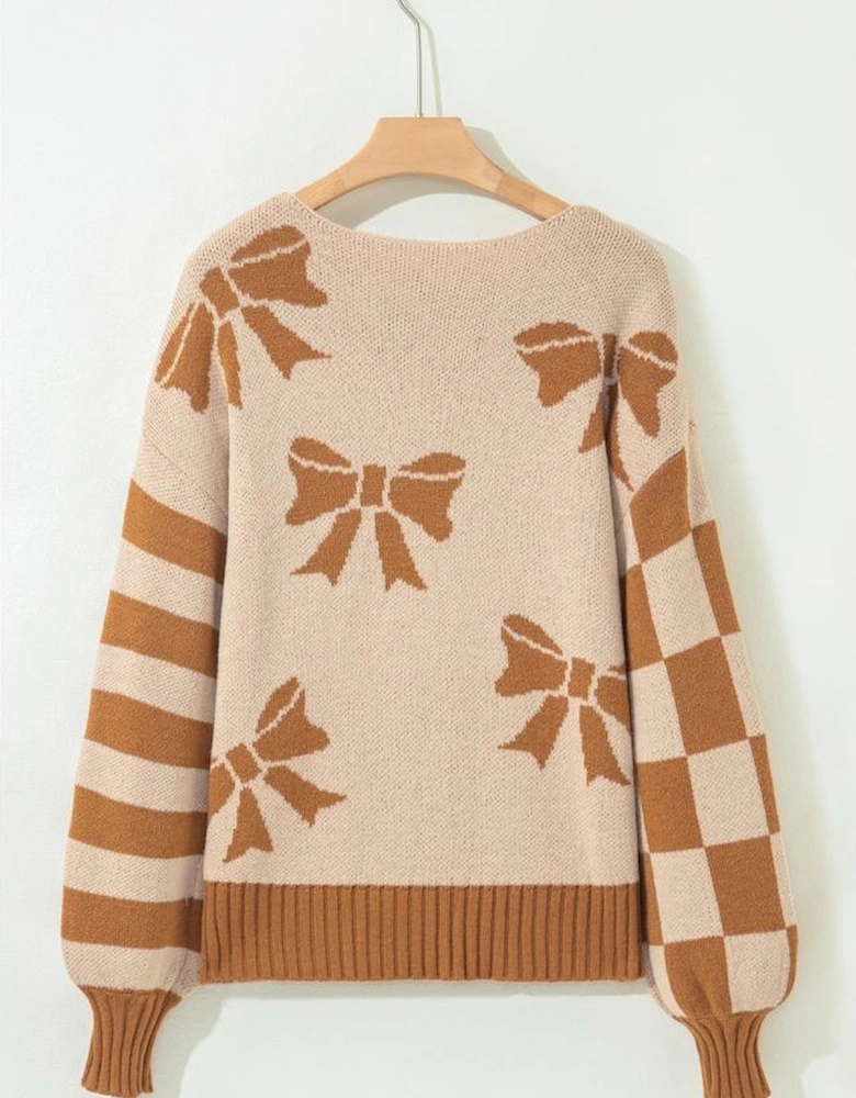 Straw Yellow Ribbon Bow Print Checkered Striped Sleeve Drop Shoulder Sweater