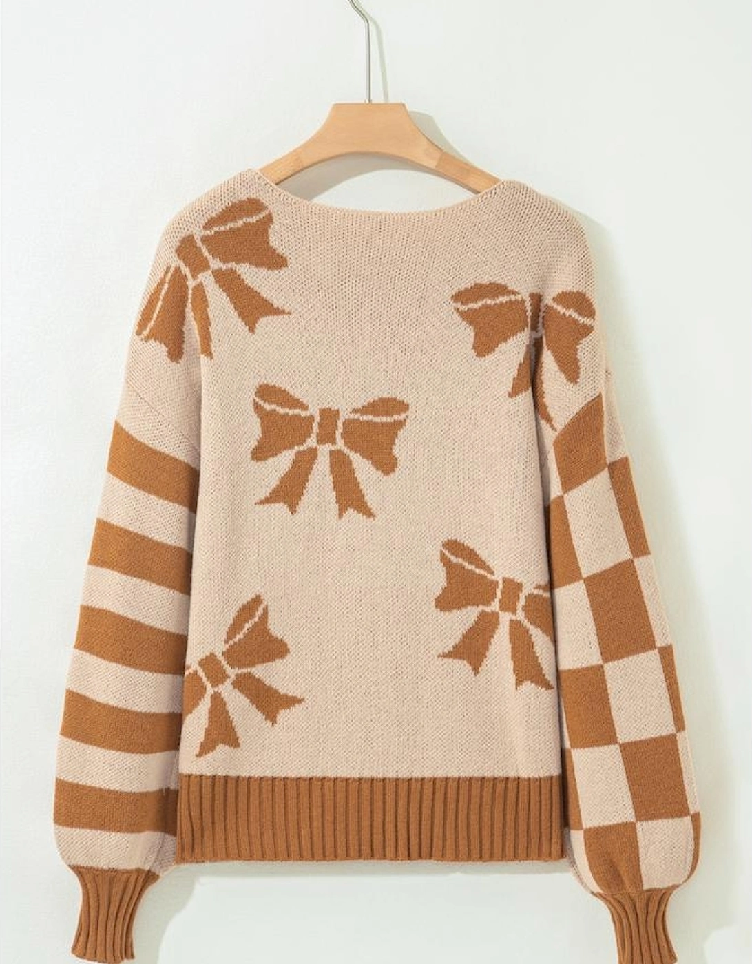 Straw Yellow Ribbon Bow Print Checkered Striped Sleeve Drop Shoulder Sweater