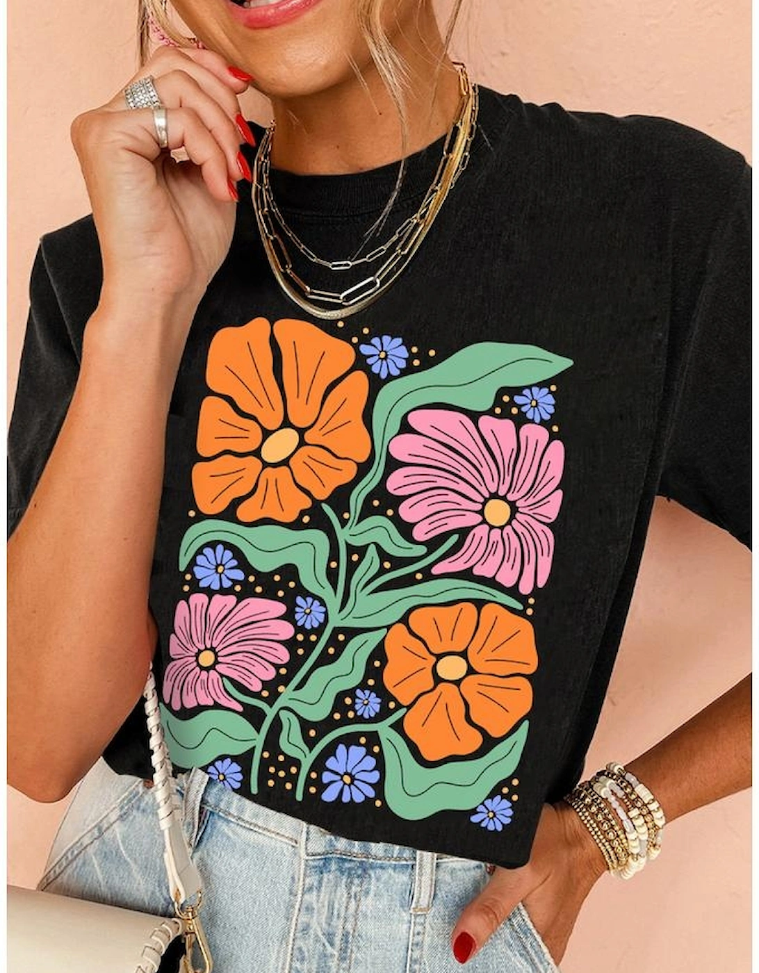 Black Colorful Flower Graphic Crewneck Summer Tee