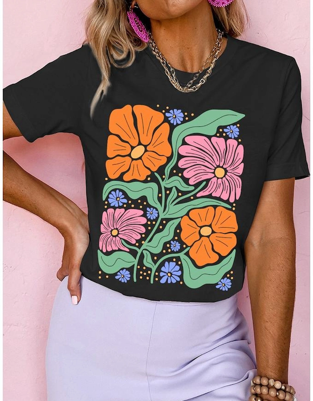 Black Colorful Flower Graphic Crewneck Summer Tee, 8 of 7