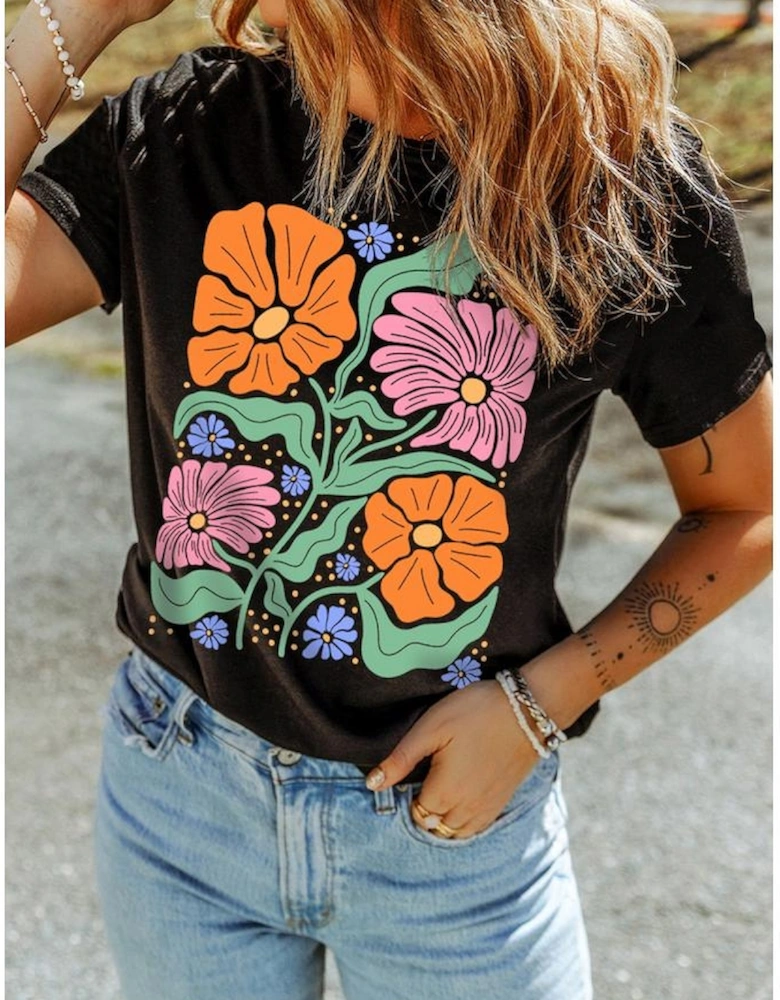 Black Colorful Flower Graphic Crewneck Summer Tee