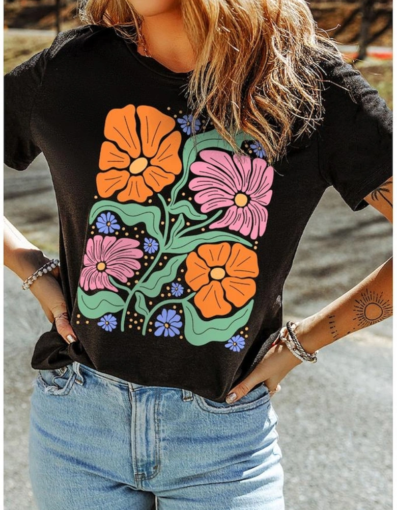 Black Colorful Flower Graphic Crewneck Summer Tee