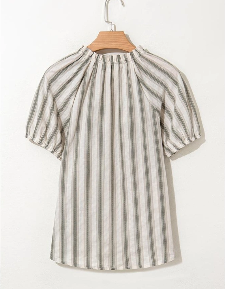 Gray Stripe Frilled Tie Neck Short Sleeve Blouse