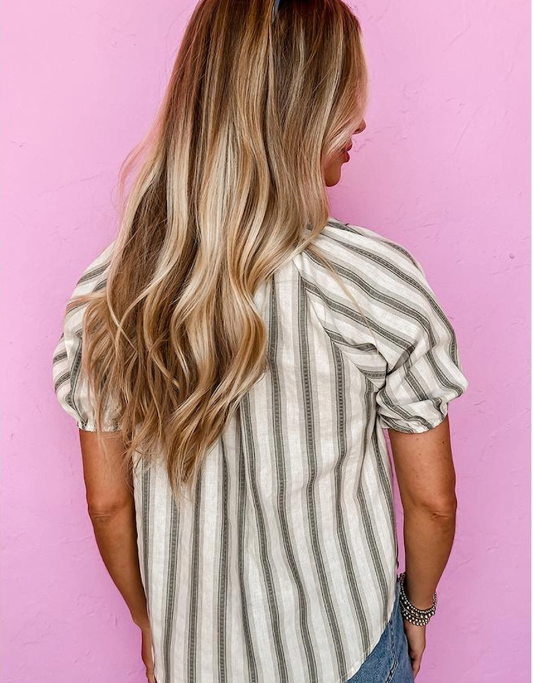 Gray Stripe Frilled Tie Neck Short Sleeve Blouse, 14 of 13