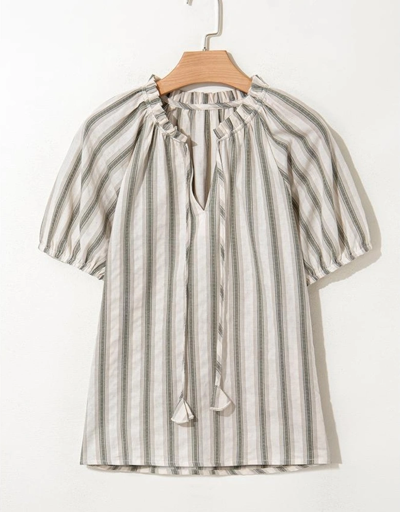 Gray Stripe Frilled Tie Neck Short Sleeve Blouse