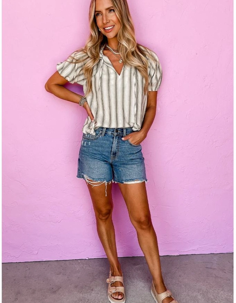 Gray Stripe Frilled Tie Neck Short Sleeve Blouse