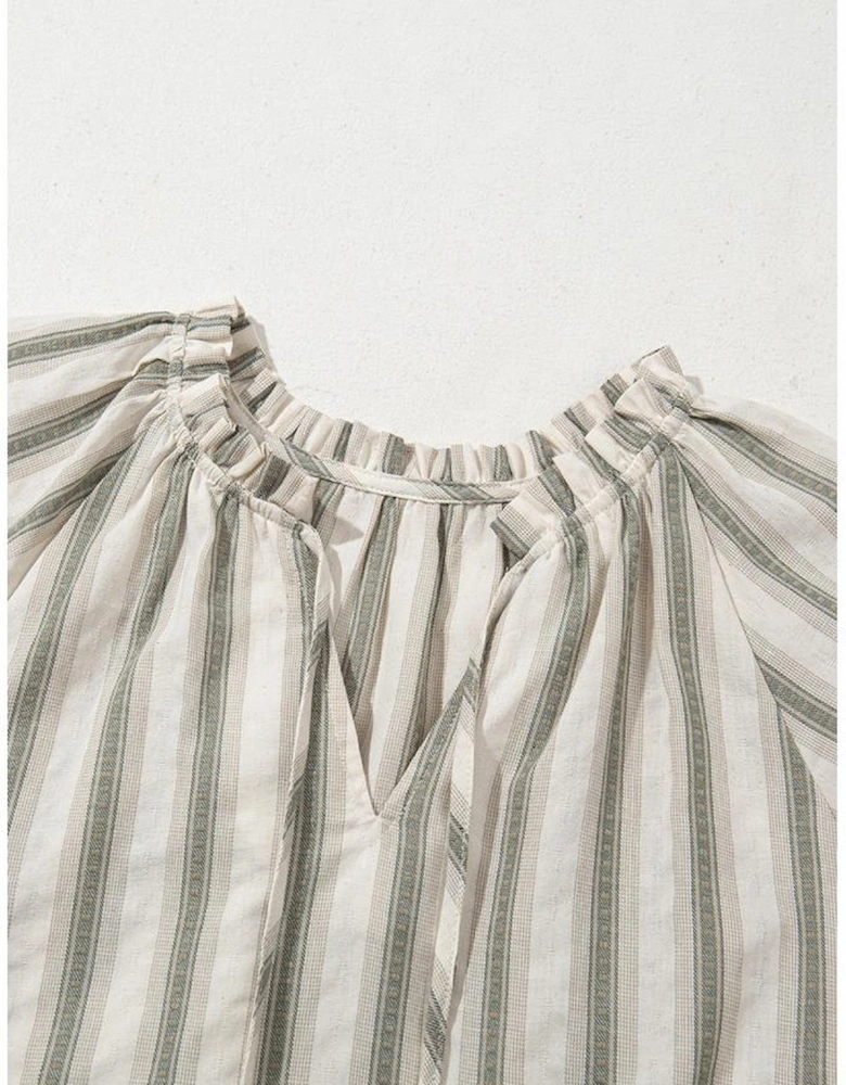 Gray Stripe Frilled Tie Neck Short Sleeve Blouse