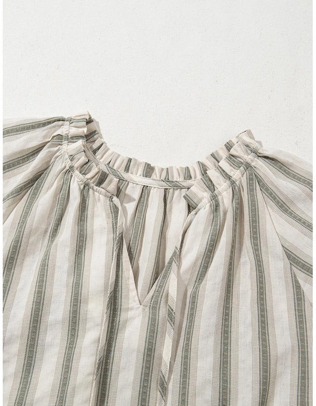 Gray Stripe Frilled Tie Neck Short Sleeve Blouse