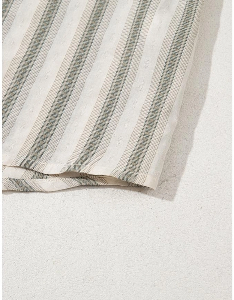 Gray Stripe Frilled Tie Neck Short Sleeve Blouse