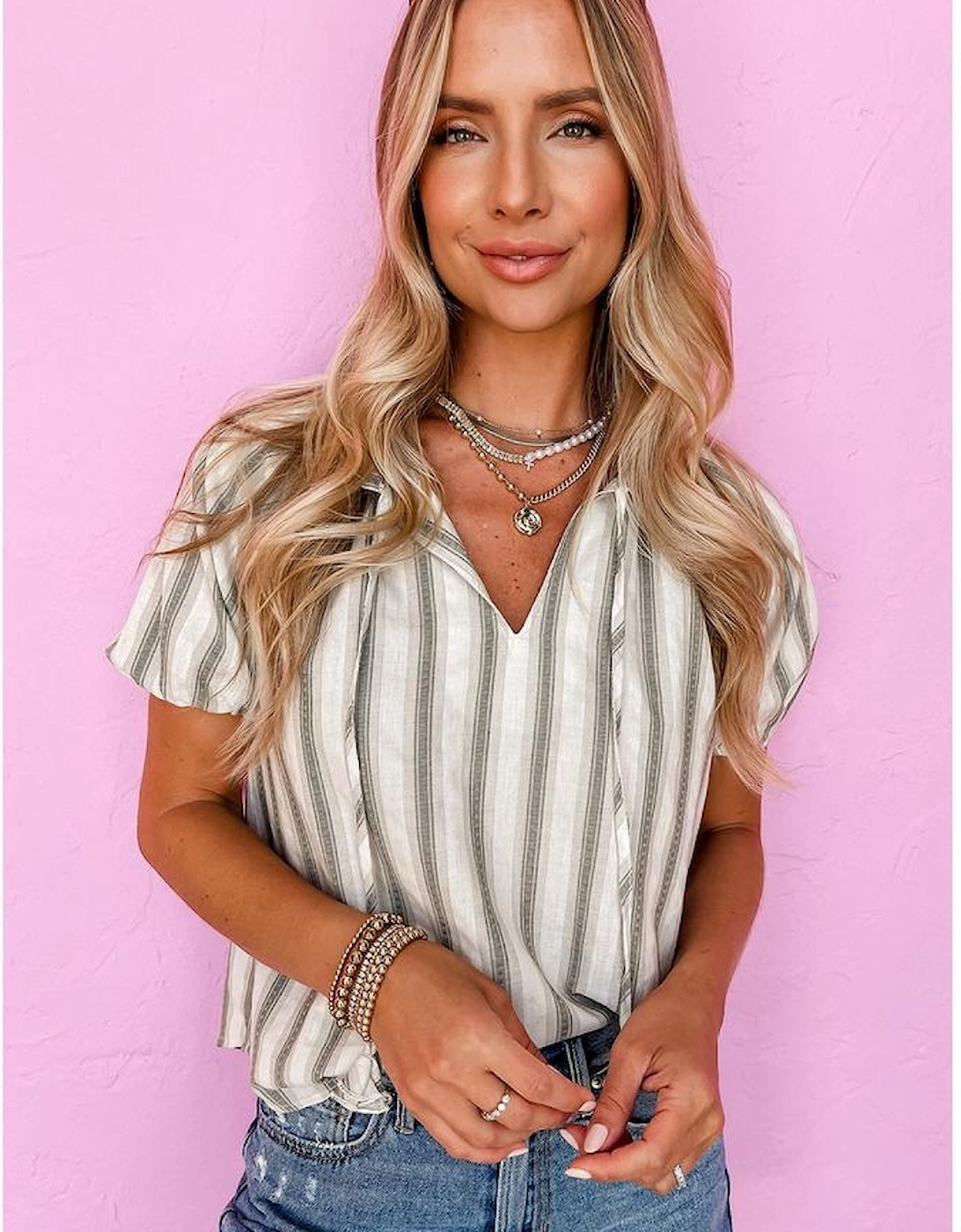 Gray Stripe Frilled Tie Neck Short Sleeve Blouse