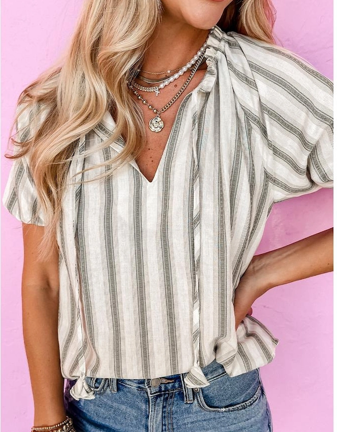 Gray Stripe Frilled Tie Neck Short Sleeve Blouse