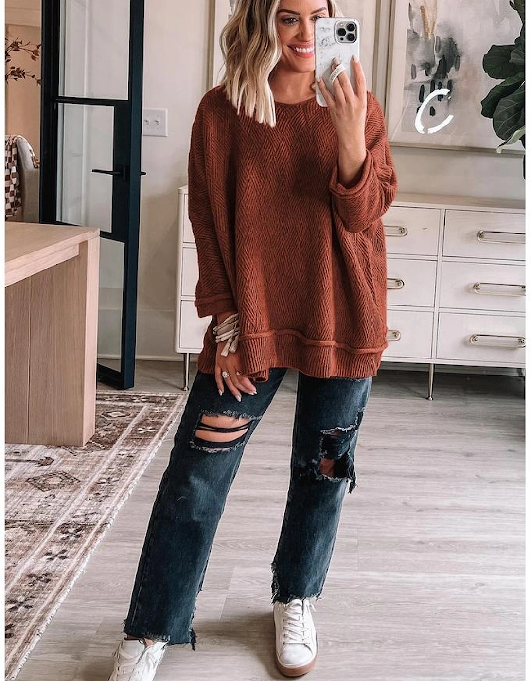 Gold Flame Solid Color Textured Crew Neck Loose Sweater, 5 of 4