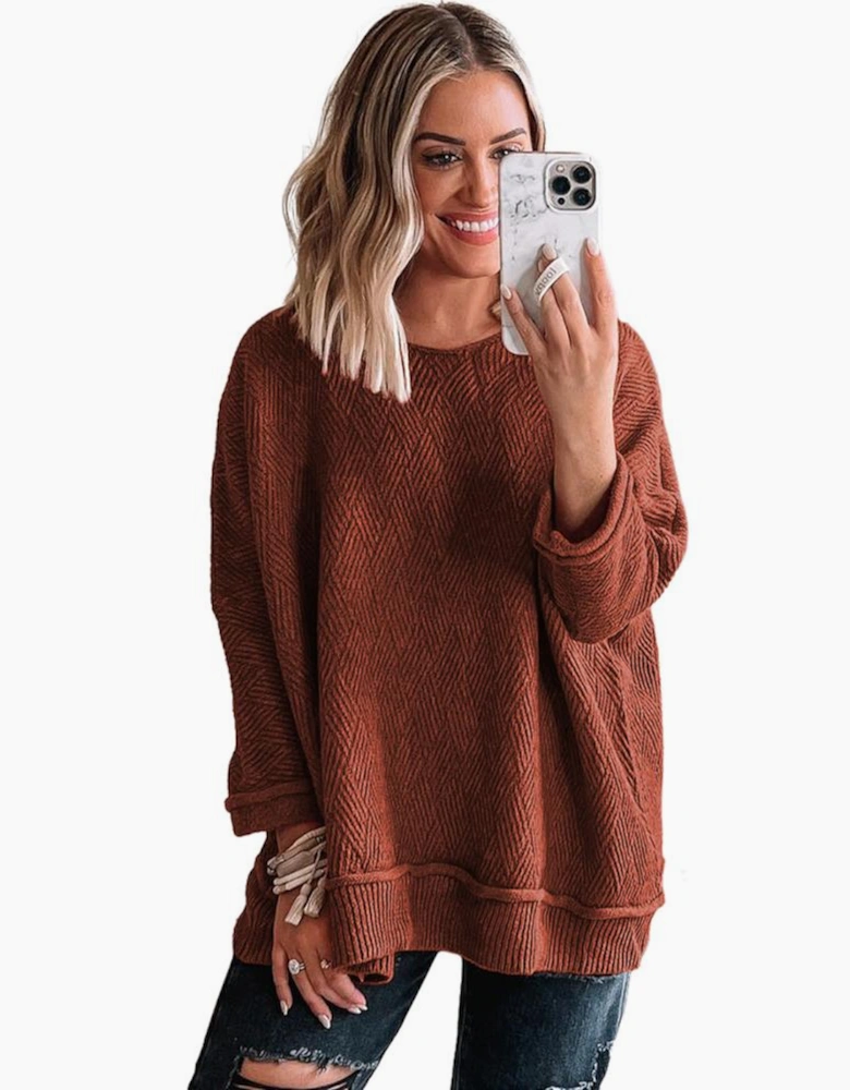 Gold Flame Solid Color Textured Crew Neck Loose Sweater
