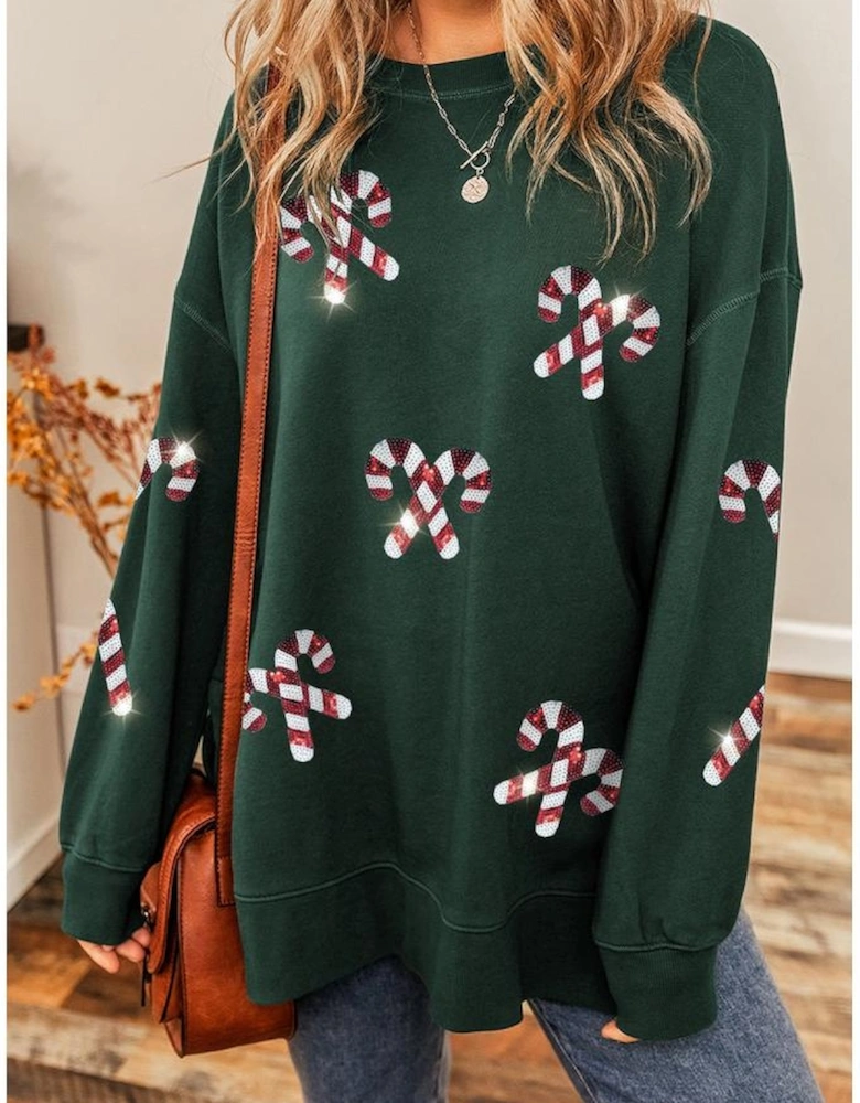 Duffel Green Christmas Cane Pattern Crewneck Oversized Sweatshirt