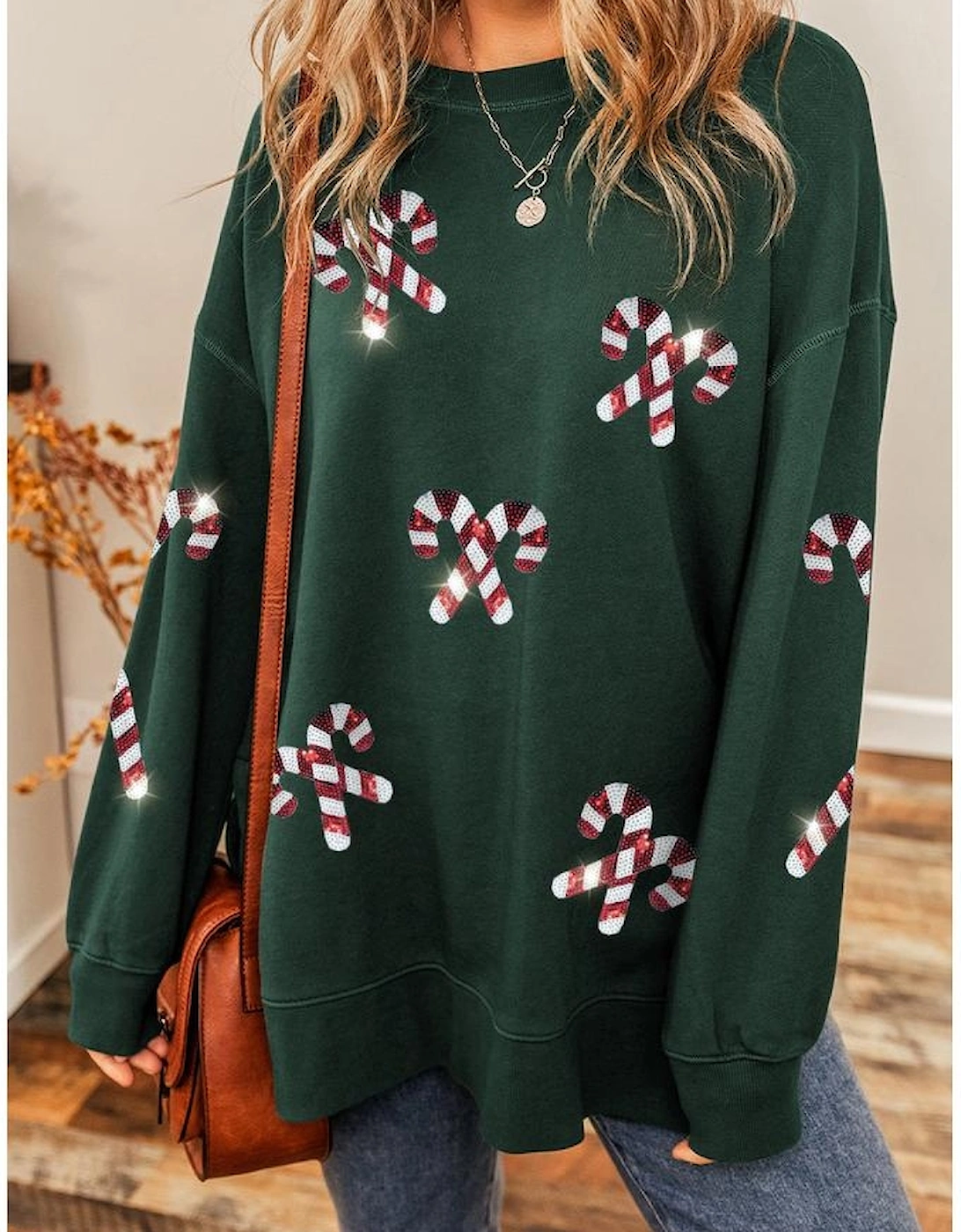 Duffel Green Christmas Cane Pattern Crewneck Oversized Sweatshirt