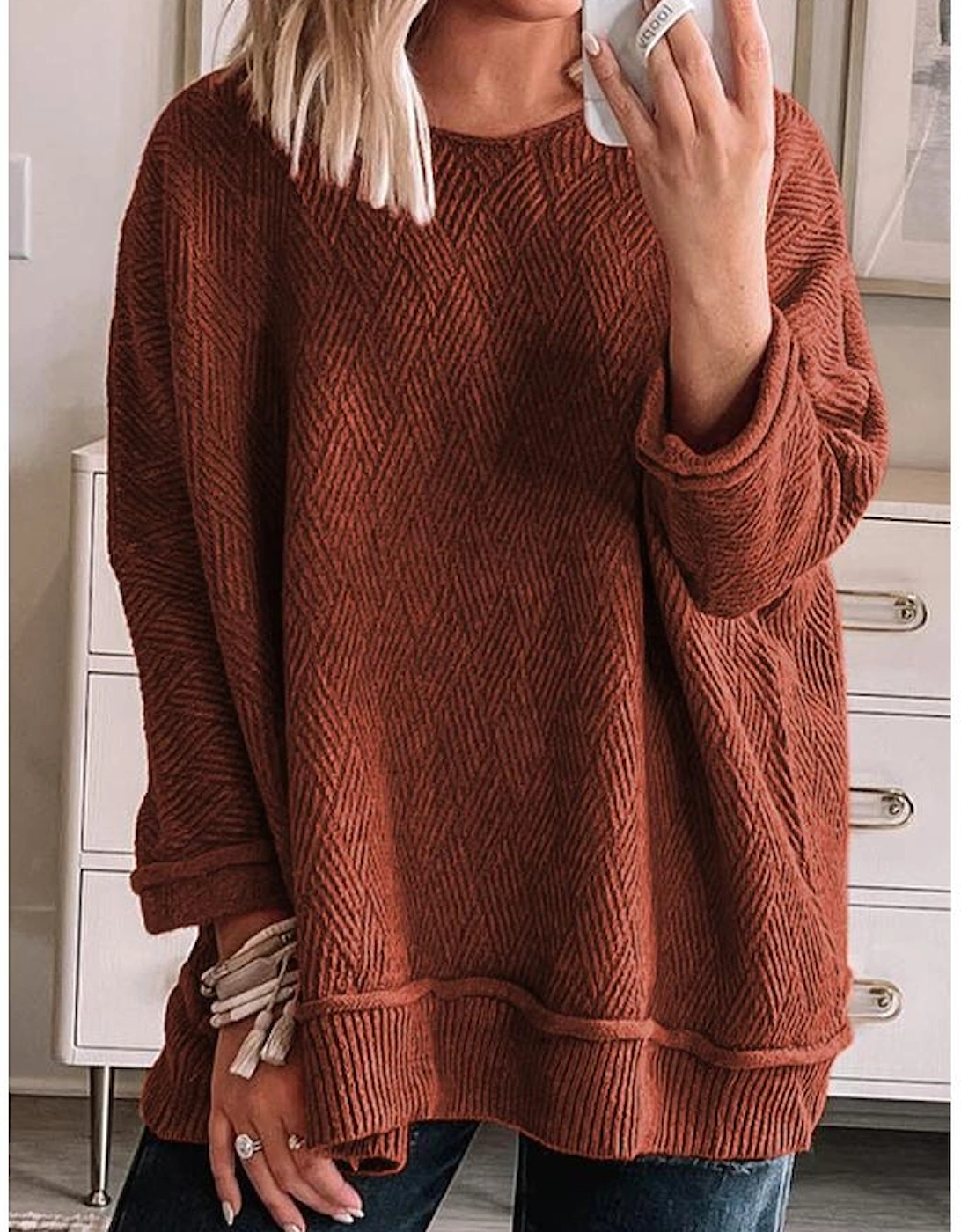 Gold Flame Solid Color Textured Crew Neck Loose Sweater