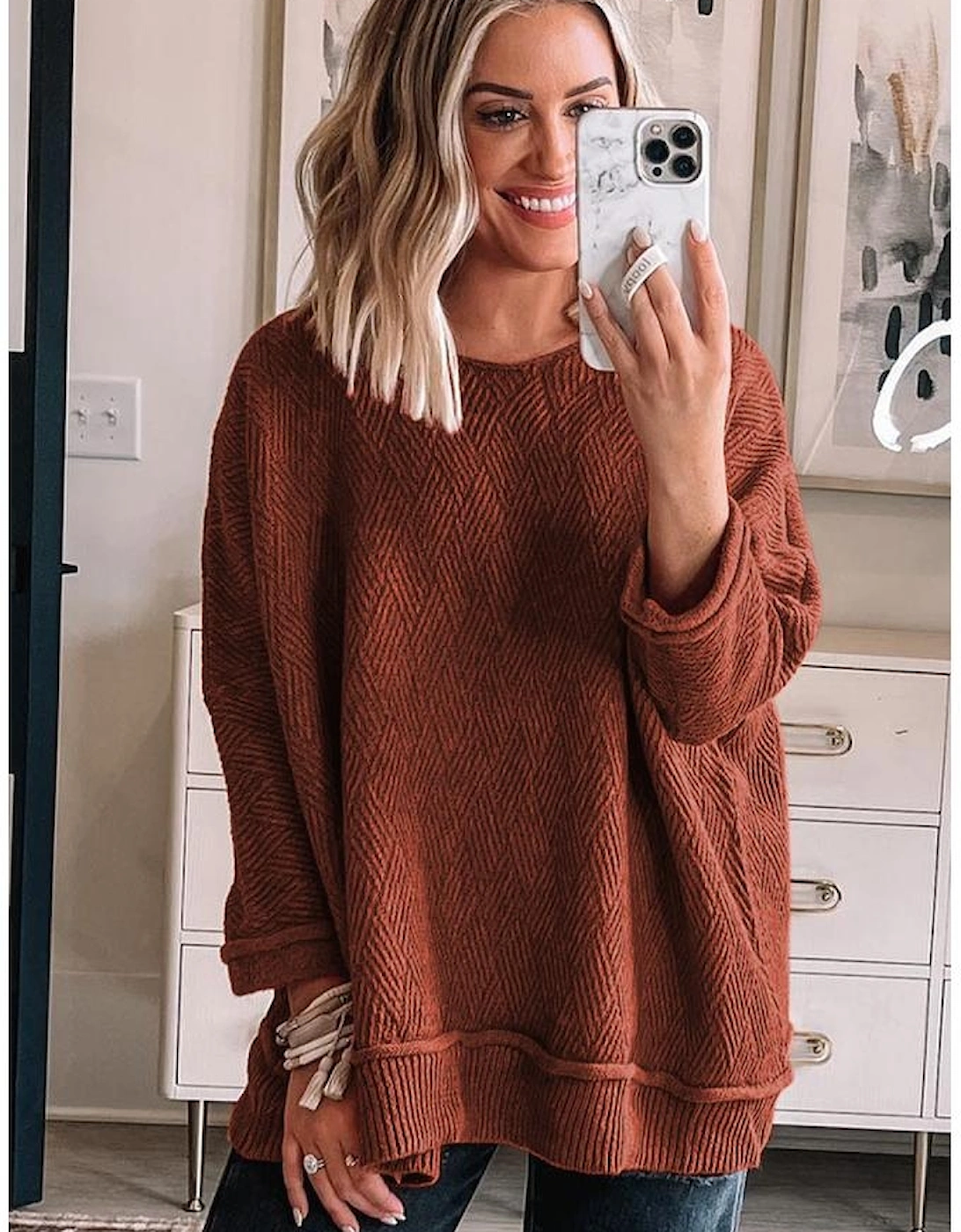 Gold Flame Solid Color Textured Crew Neck Loose Sweater