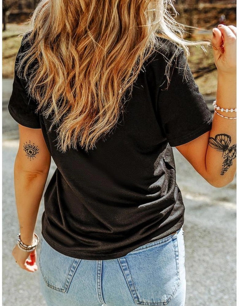 Black Colorful Flower Graphic Crewneck Summer Tee