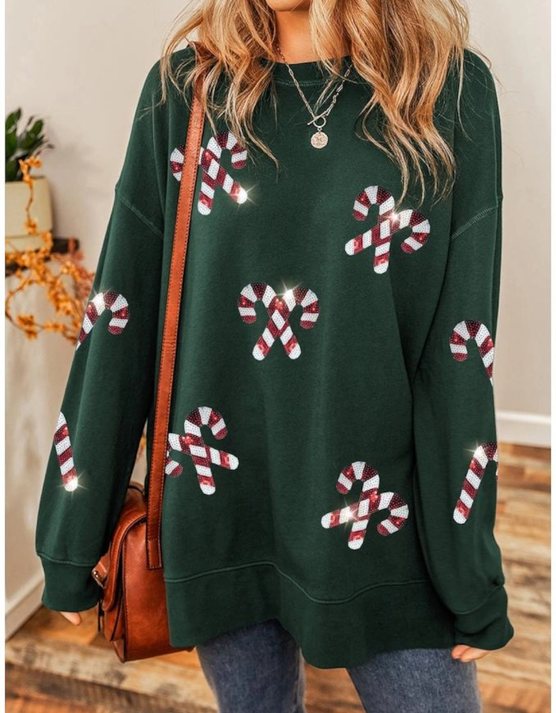 Duffel Green Christmas Cane Pattern Crewneck Oversized Sweatshirt