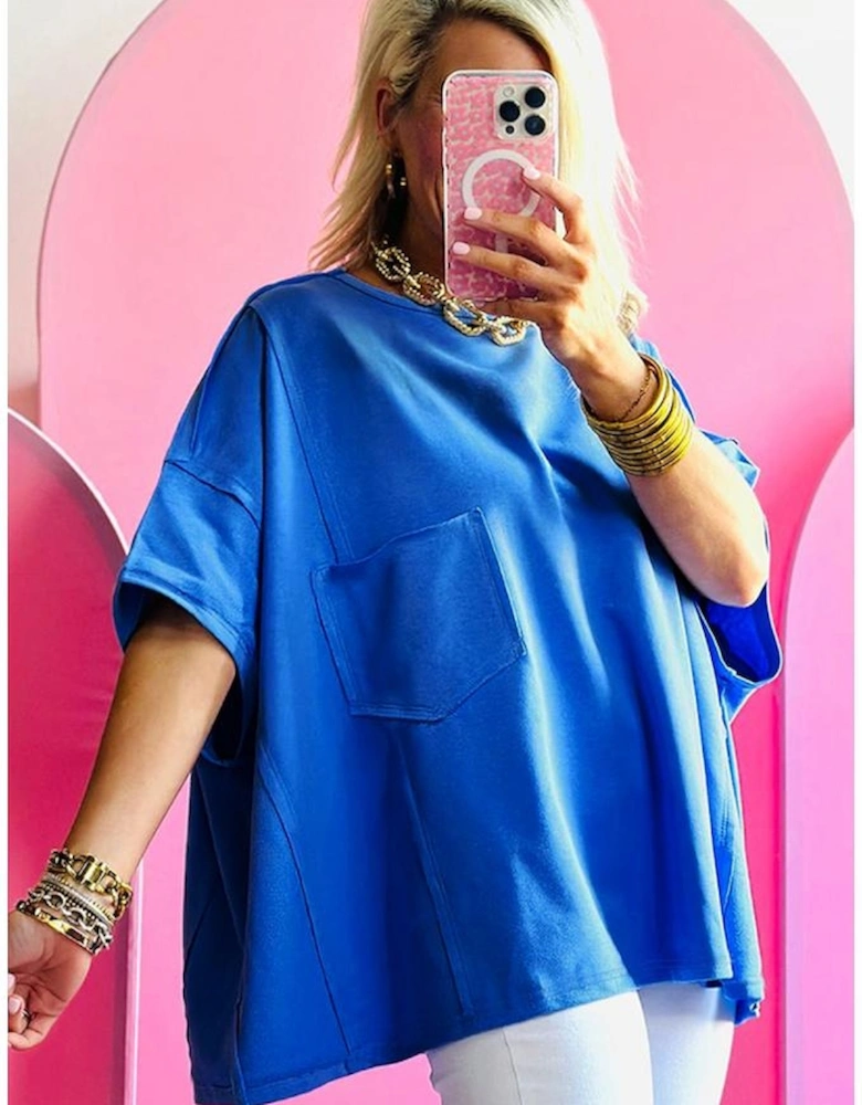Blue Patched Pocket Exposed Seam Oversize T-shirt