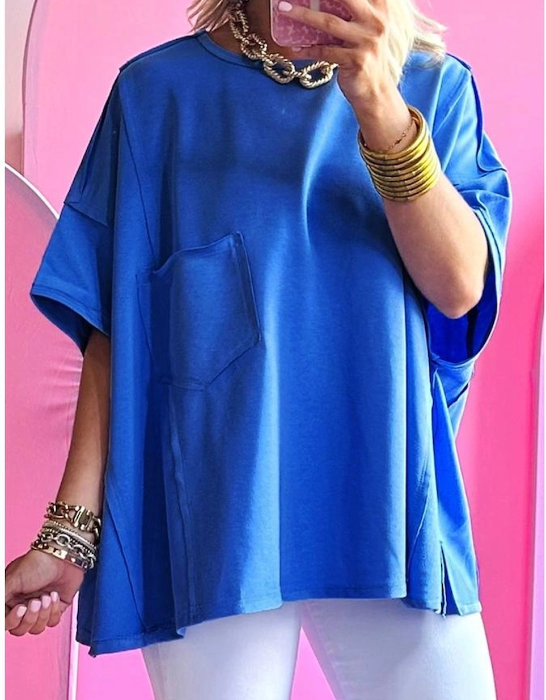 Blue Patched Pocket Exposed Seam Oversize T-shirt, 10 of 9