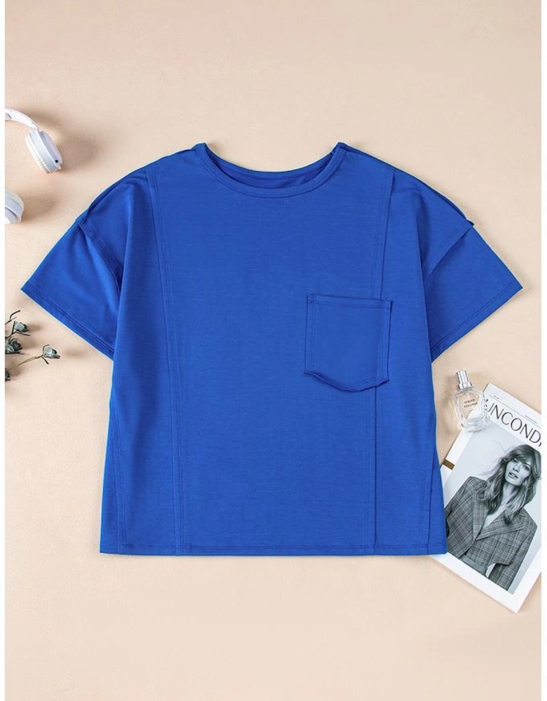 Blue Patched Pocket Exposed Seam Oversize T-shirt