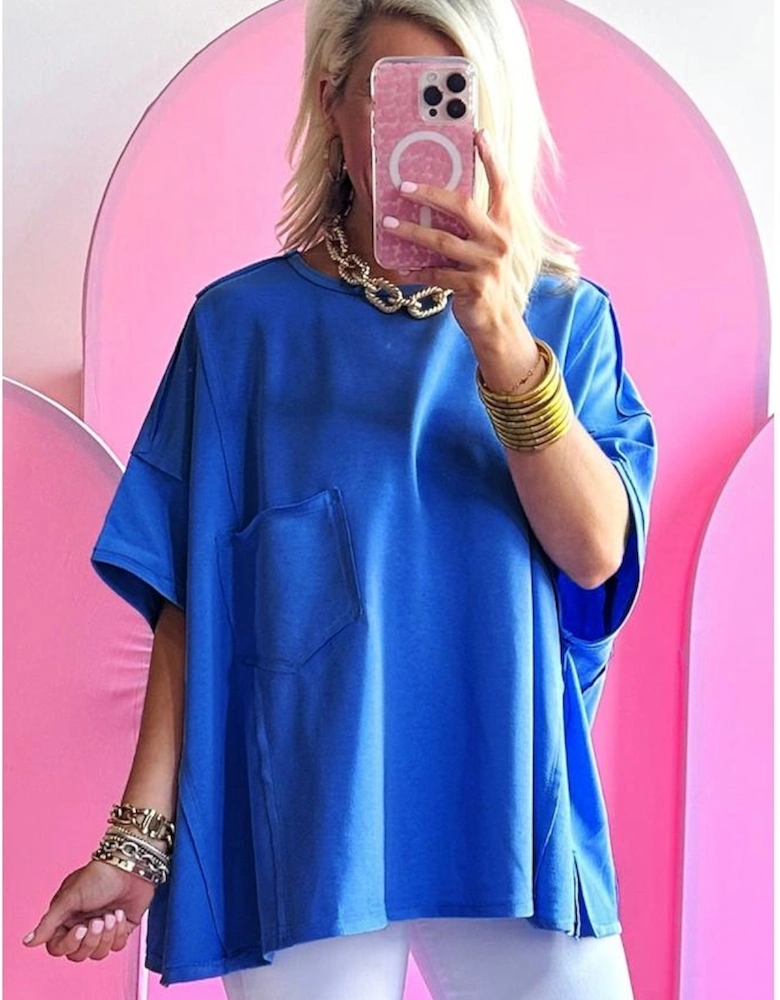Blue Patched Pocket Exposed Seam Oversize T-shirt